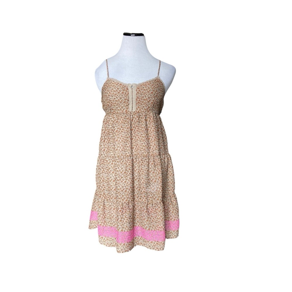 Y2K Babydoll Floral Tiered Mini Dress Size M Cottagecore Boho Festival Lace Trim